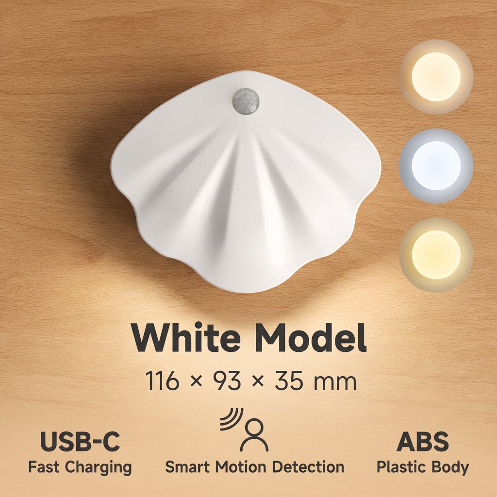 Shell-Shaped Smart Motion Sensor Night Light | USB-C Rechargeable & Cordless Wall Lamp